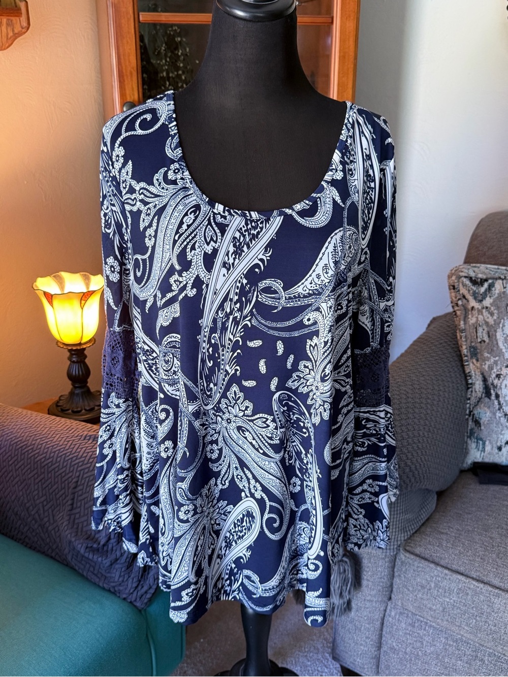 Navy Paisley Scoop-Neck Long Sleeve Tunic